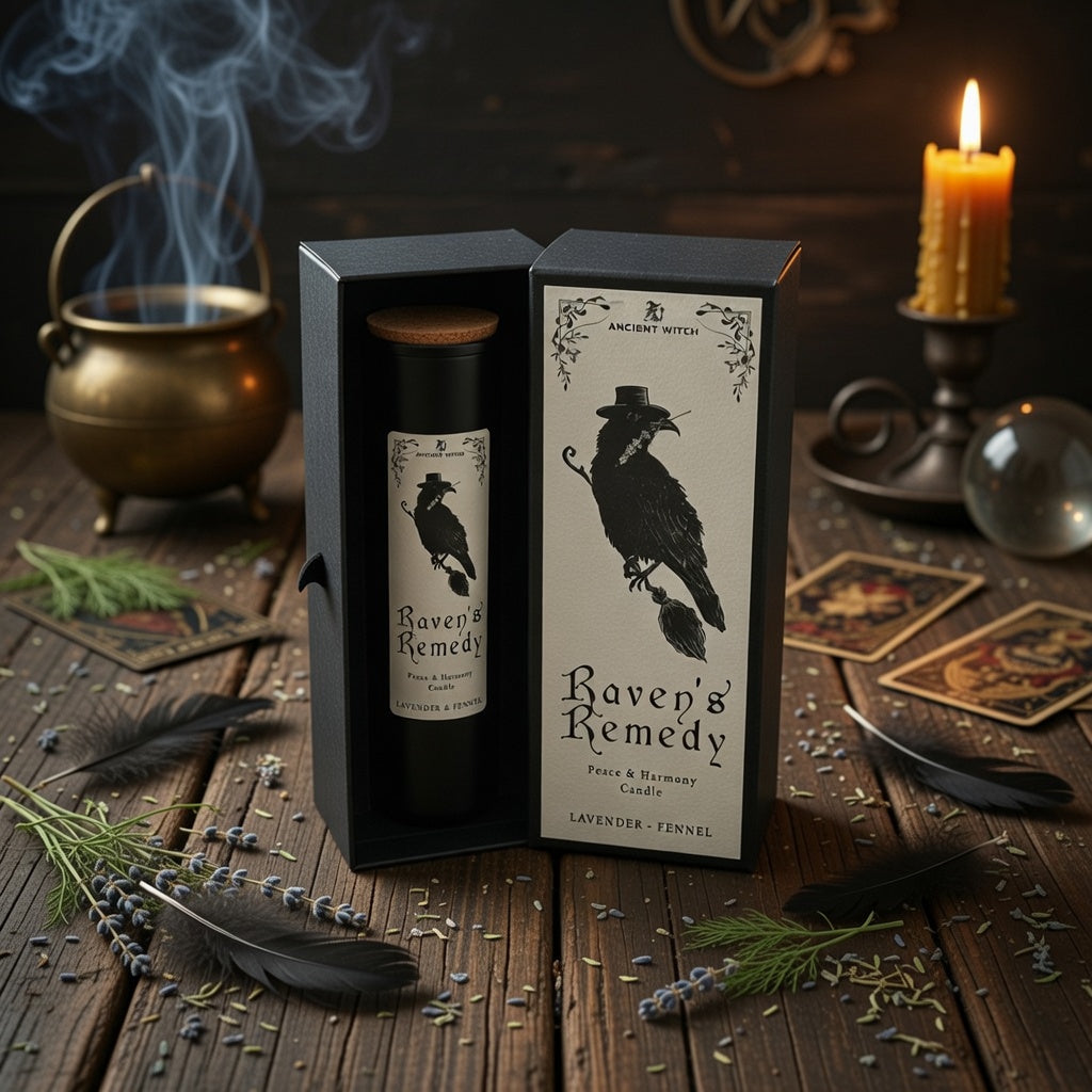 Raven's remedy peace and harmony spell candle with presentation box, on a wooden surface with witchcraft related articles