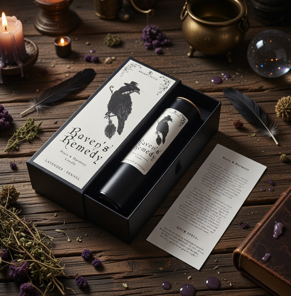 Raven's remedy peace and harmony spell candle with presentation box, on a wooden surface with witchcraft related articles