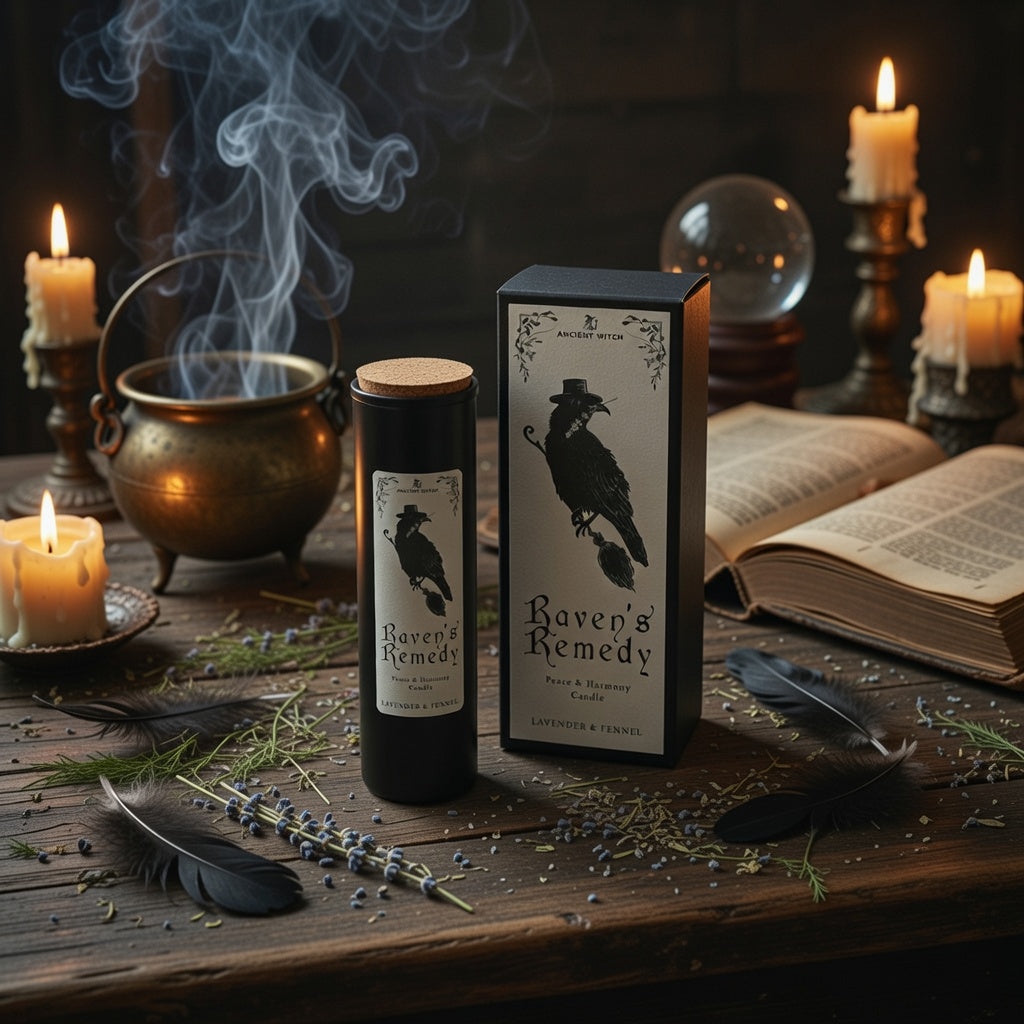 Raven's remedy peace and harmony spell candle with presentation box, on a wooden surface with occult related articles
