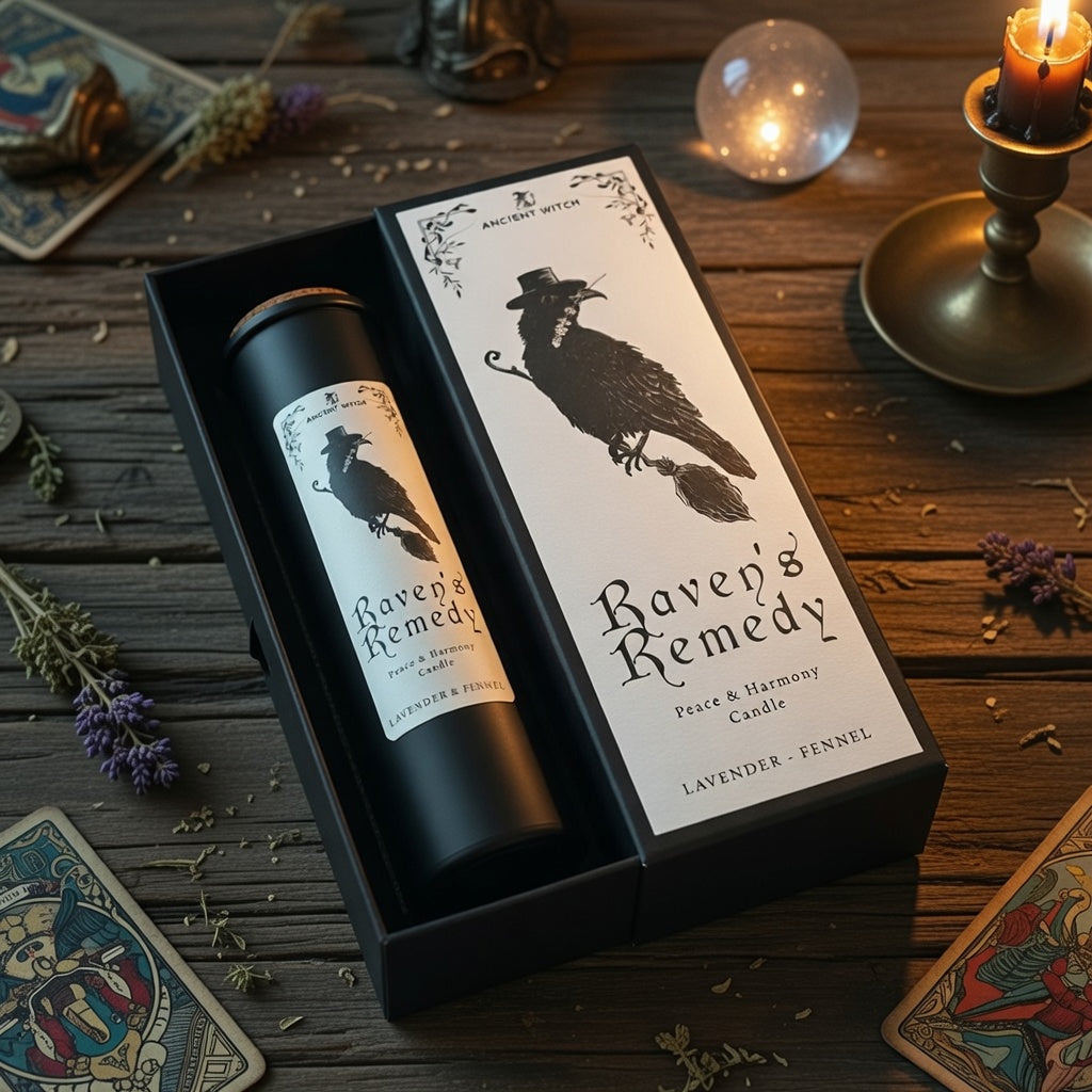 Raven's remedy peace and harmony spell candle with presentation box, on a wooden surface with witchcraft related articles
