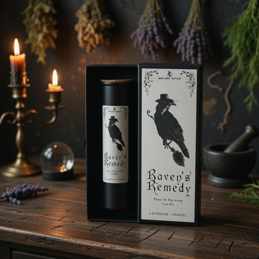 Raven's remedy peace and harmony spell candle with presentation box, on a wooden surface with witchcraft related articles