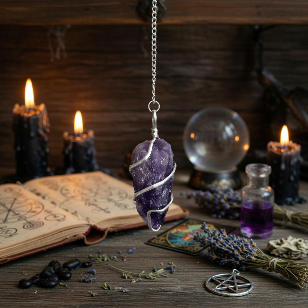 Raw amethyst pendulum over a wooden surface with candles, books, and other occult witchcraft items.
