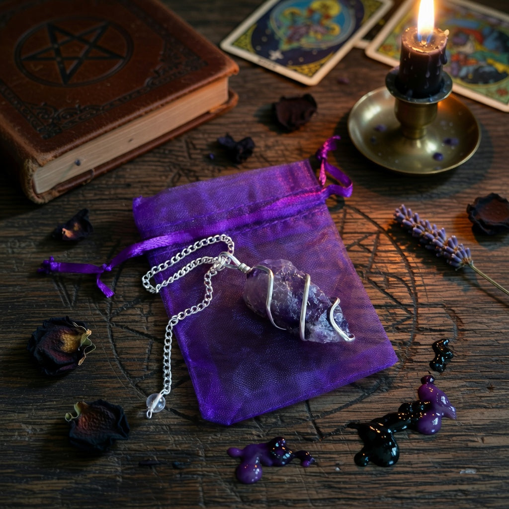 Raw amethyst pendulum and organza pouch, with tarot cards, and candle on a wooden surface