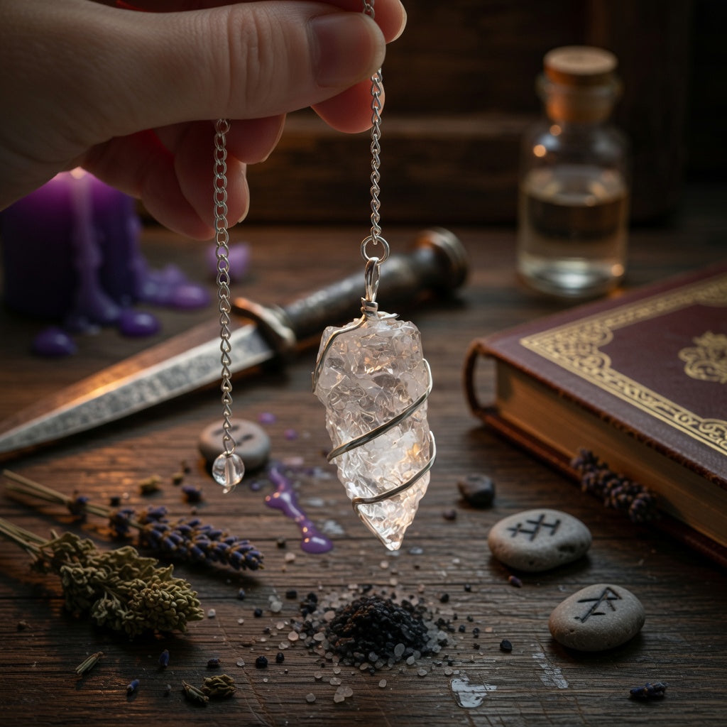 Raw rock quartz pendulum on a chain held over a mystical setup with occult book, athame, and rune stones.