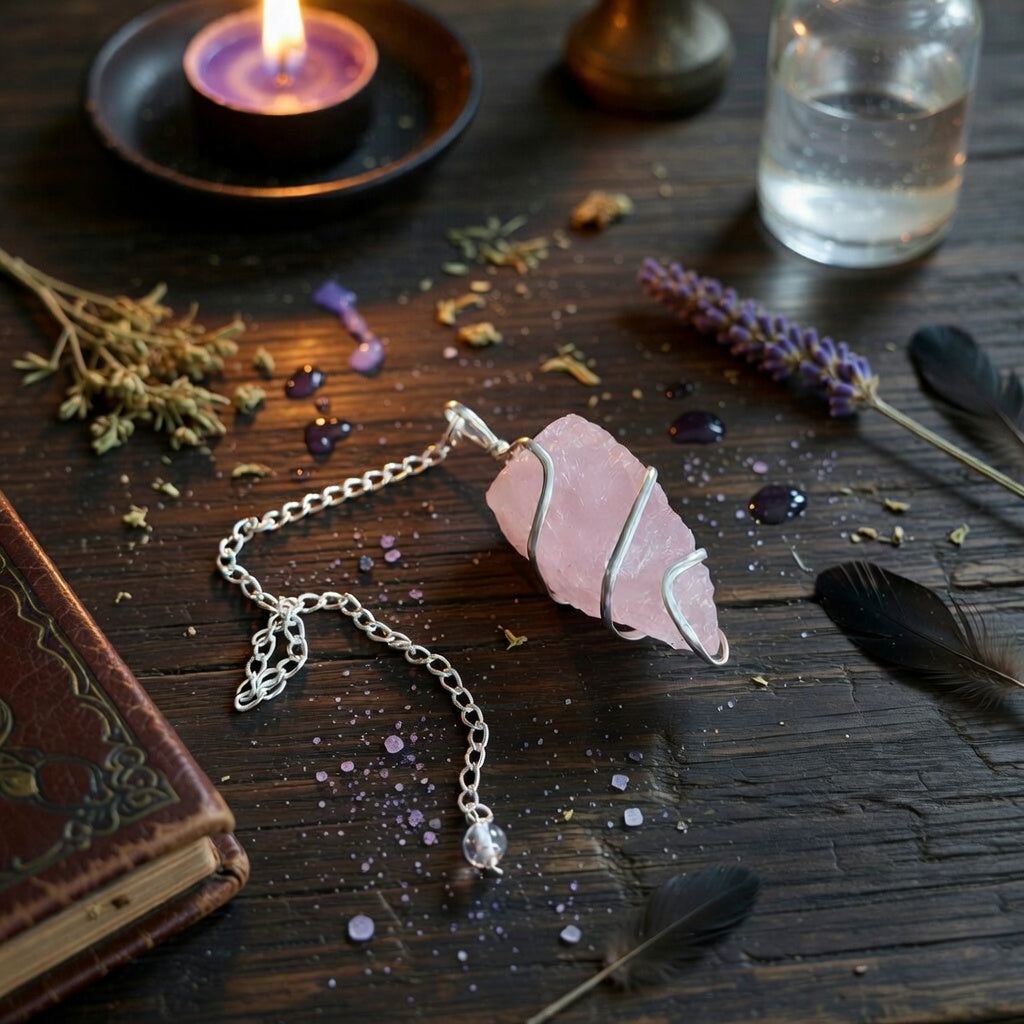 Raw rose quartz pendulum on a wooden surface with a candle and dried herbs.