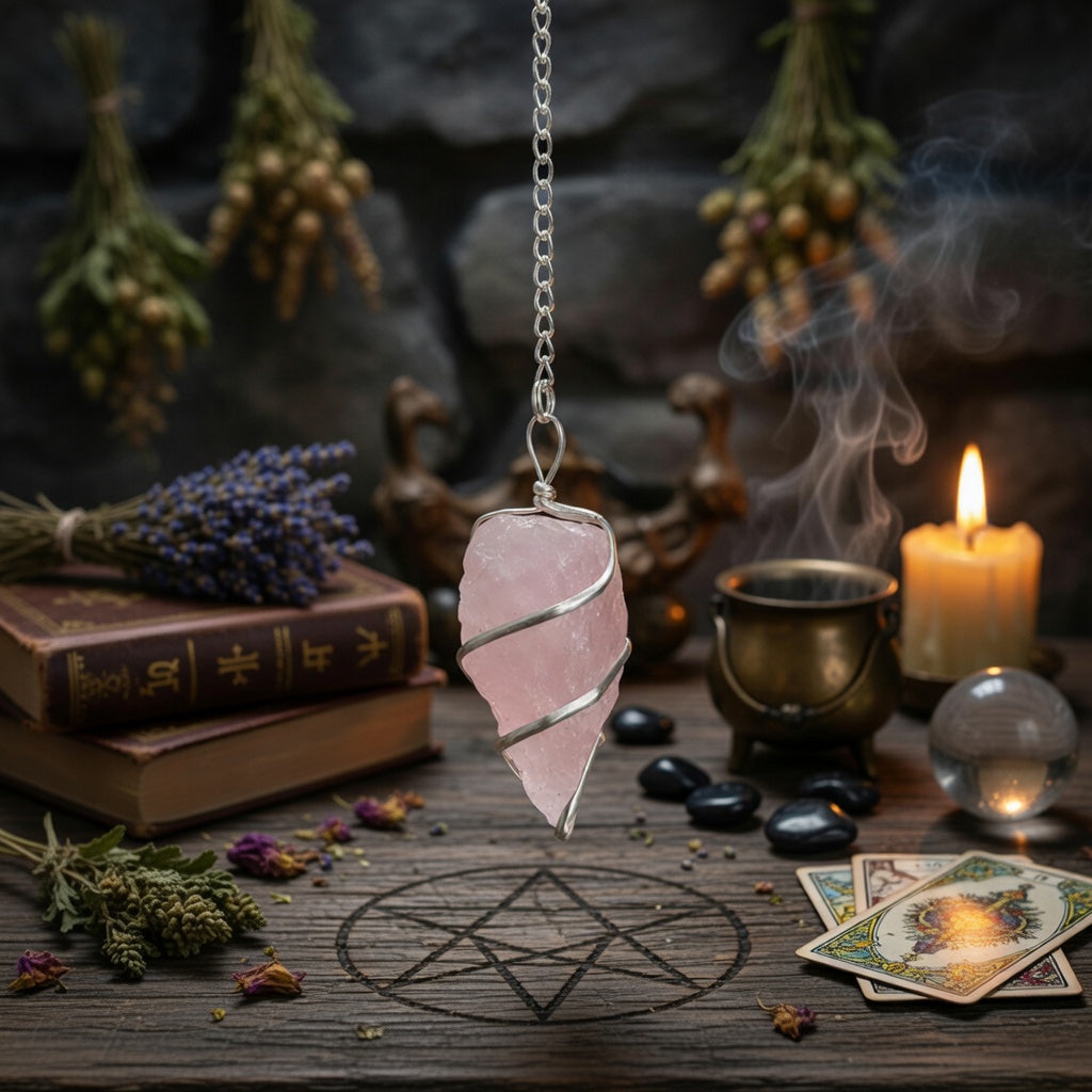Raw rose quartz pendulum over a wooden surface with candles, books, and tarot cards in a pagan setting.