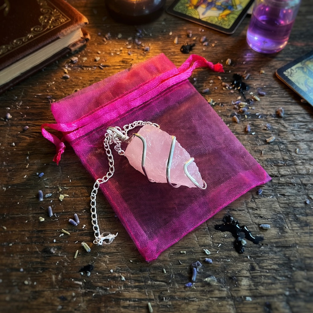 Raw rose quartz pendulum and pink organza pouch on a rough wood surface