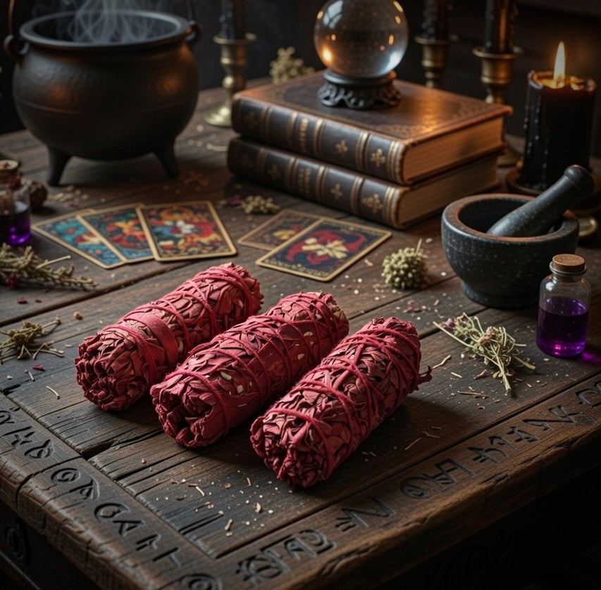 Three red dragons blood smudge sticks on a wooden surface with mystical items like a crystal ball, books, and tarot cards in the background.