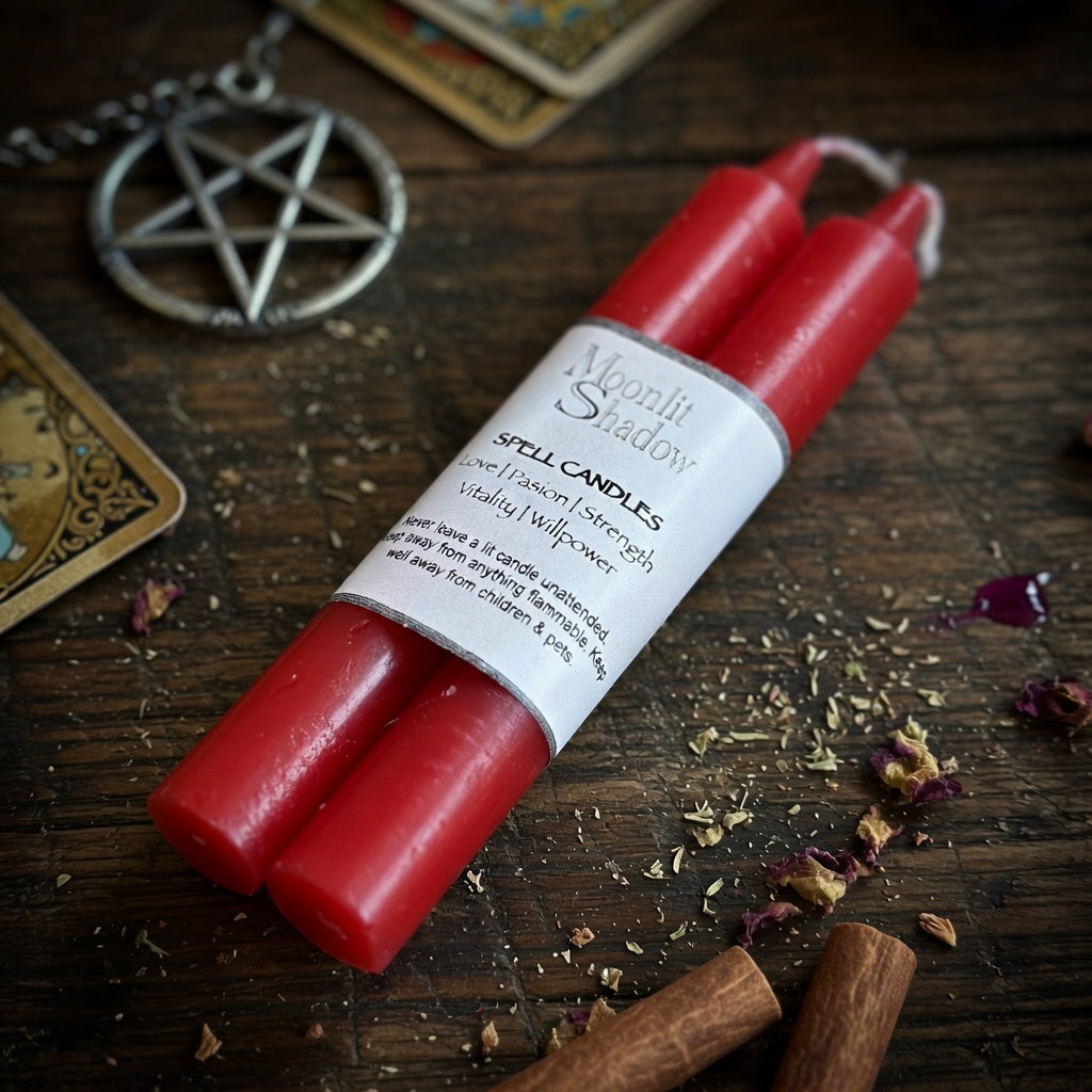 Red spell candles with a label on a wooden surface with tarot cards and a pentacle symbol.