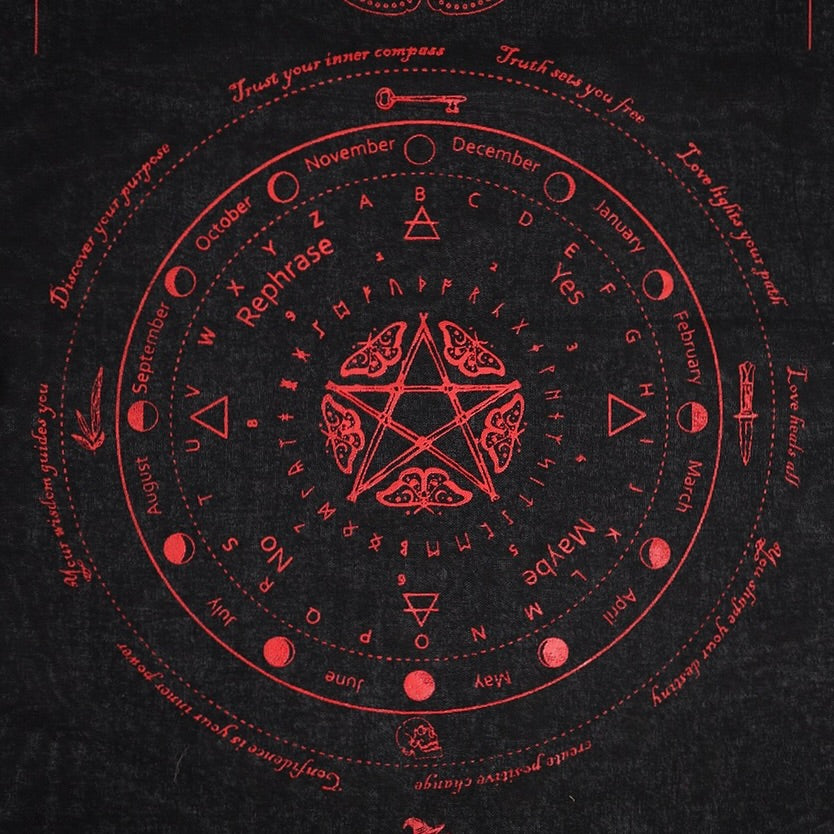 Mystic moth design in red on a black cloth. Featuring central pentagram with moths around it surrounded by phrases, months and symbols