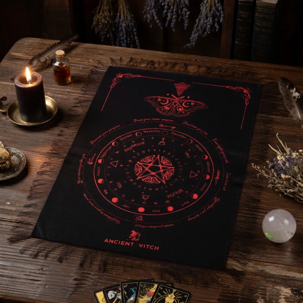Black pendulum divination cloth with red symbols on a wooden table with candles and cards