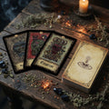 Requiem arcana tarot cards on a wooden table with candles and herbs
