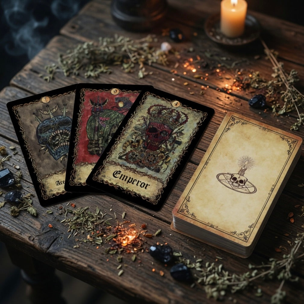 Requiem arcana tarot cards on a wooden table with candles and herbs