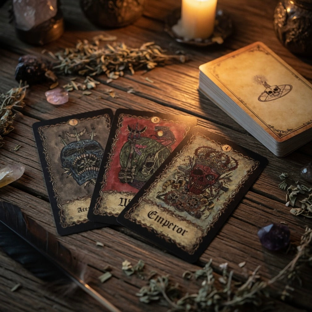 Requiem arcana tarot cards on a wooden table with candles and herbs