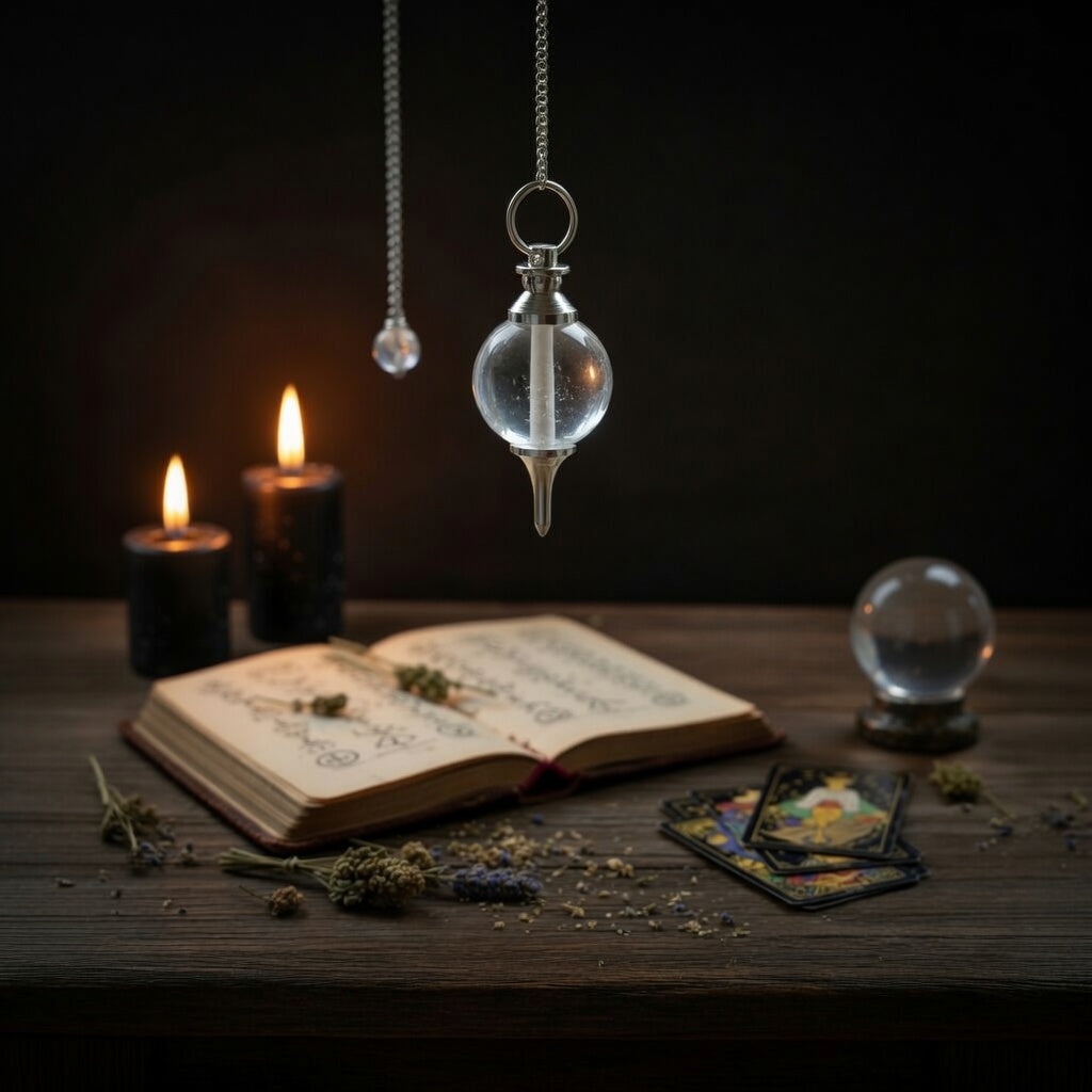 Rock Quartz Sphere Pendulum hanging over a wooden surface with occult themed candles and a book