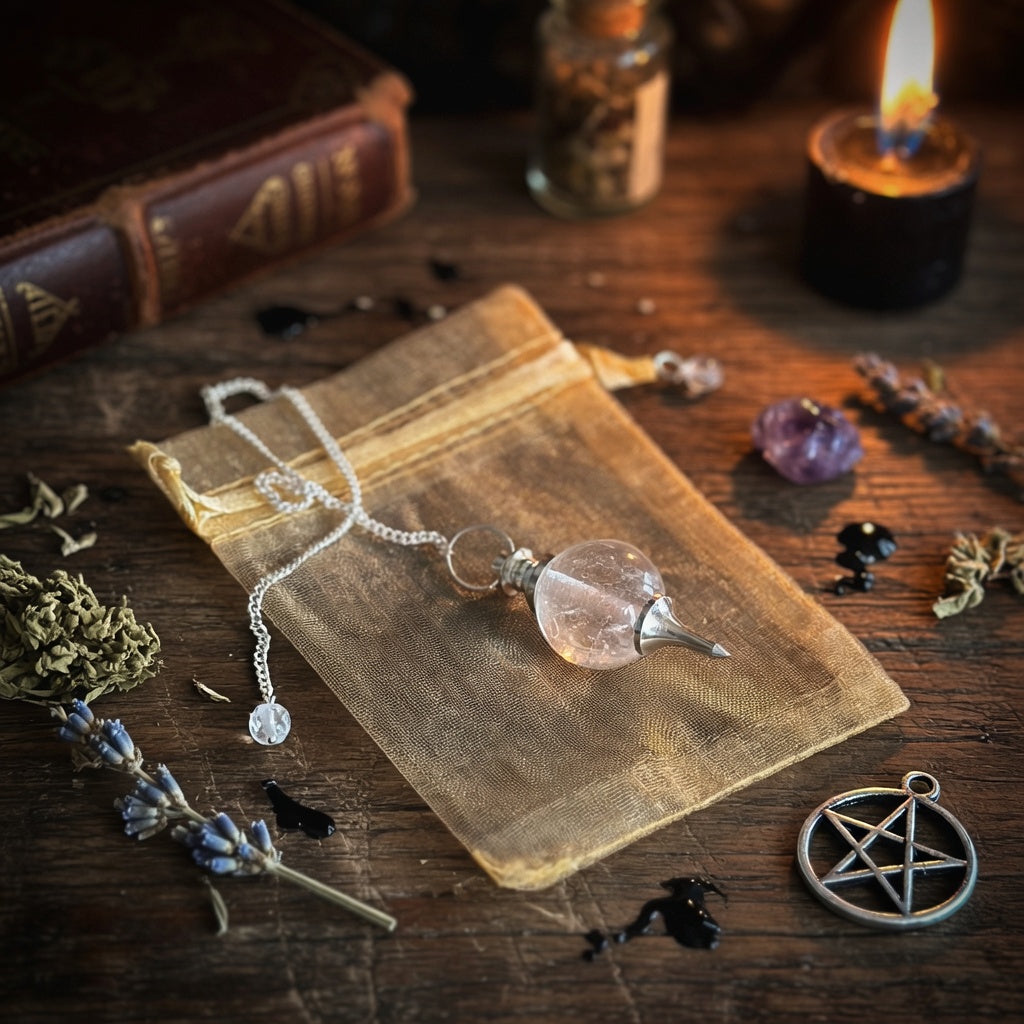 Rock quartz crystal pendulum and gold pouch, on a wooden surface with books and candles