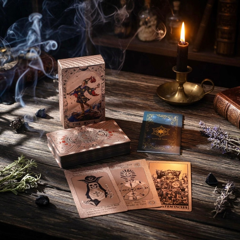 Rose gold tarot cards on a wooden table with candles and smoke, evoking a mystical atmosphere.