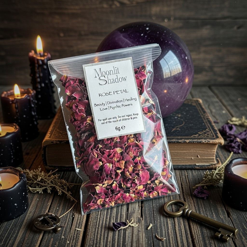 Packaged rose petals with  pagan themed items and candles on a wooden surface