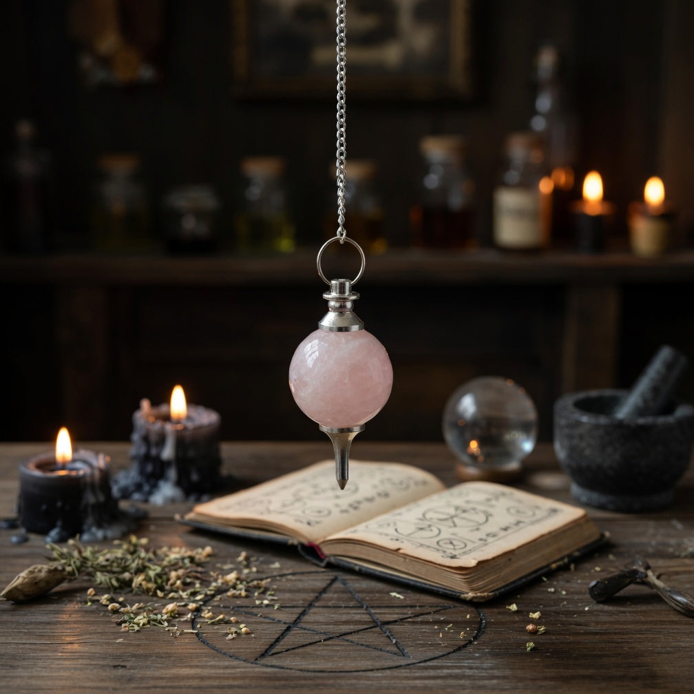 Rose quartzl pendulum over an open book with candles and herbs on a dark occult themed background