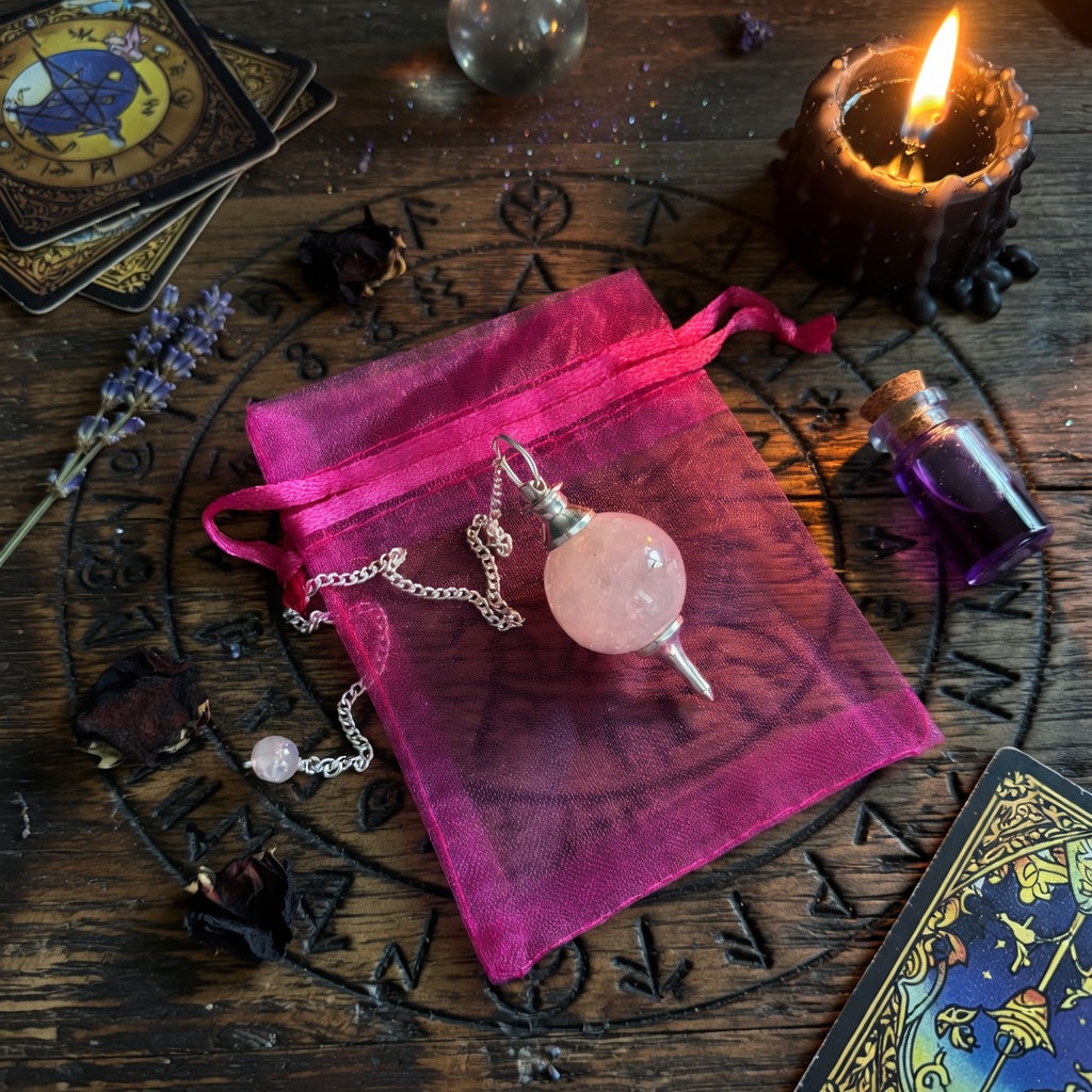 Rose quartz pendulum and pink organza pouch with tarot cards and a candle on a wooden surface.