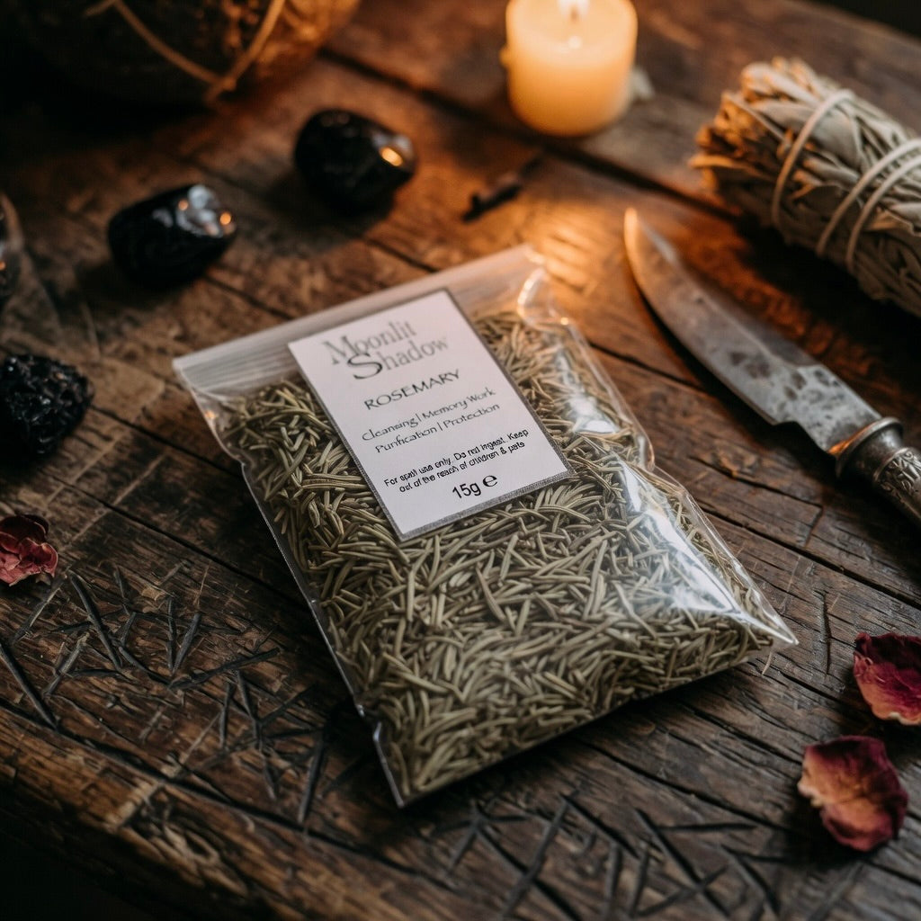 Packaged rosemary spell herb sachet on a wooden surface with a candle and other items.