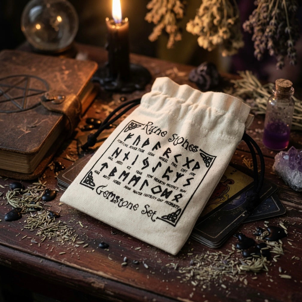 Rune stones pouch, on a mystical table with candle, tarot cards and book.
