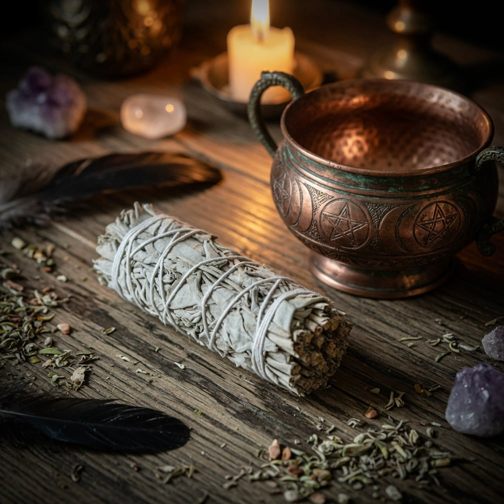 4" White sage smudge stick on a wooden surface with a copper bowl, herb sprinkles , feathers and a candle