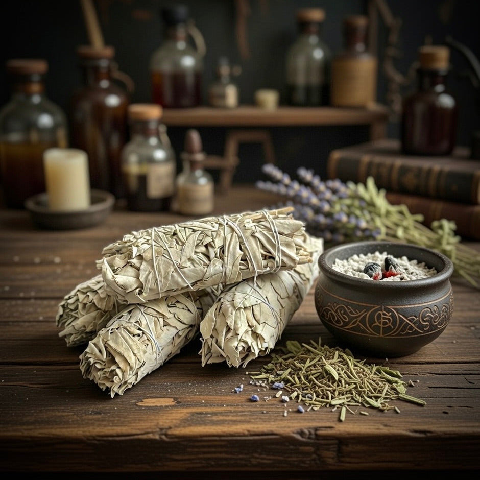 Sage smudge sticks and a bowl on a wooden table with bottles and lavender in the background