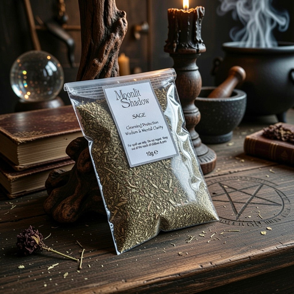 Package of 'Moonlit Shadow' sage spell herb on a wooden surface with occult items in the background
