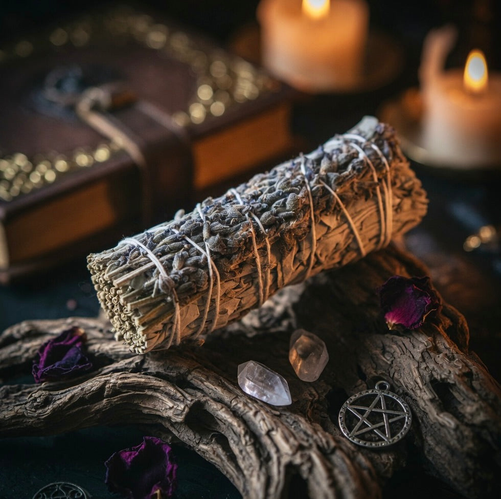 Sage and Lavender smudge stick with candles, books, and crystals on a dark surface