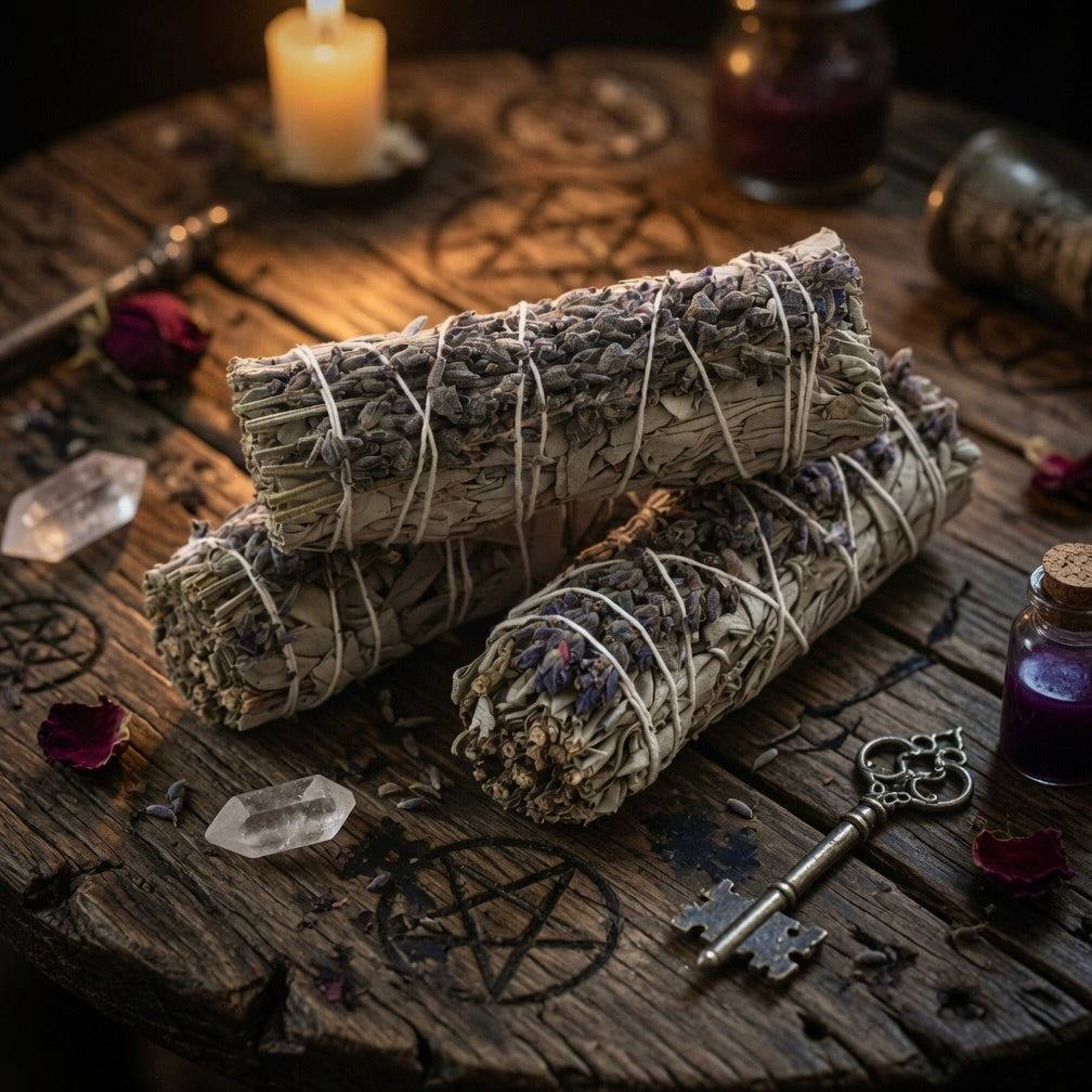 White sage and lavender smudge sticks on a wooden surface with candles, crystals, and a key.