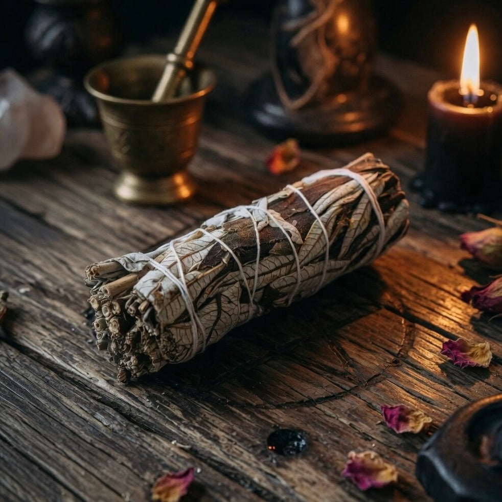 White sage and yerba smudge stick on a wooden surface with candles and other items in the background
