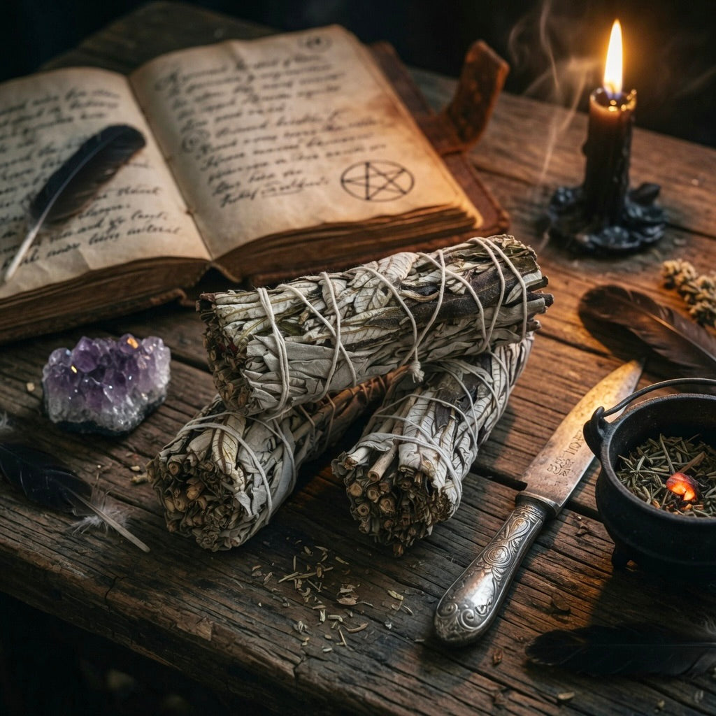 Sage and yerba smudge sticks, amethyst crystal, and other mystical items on a wooden surface with a candle and open book.