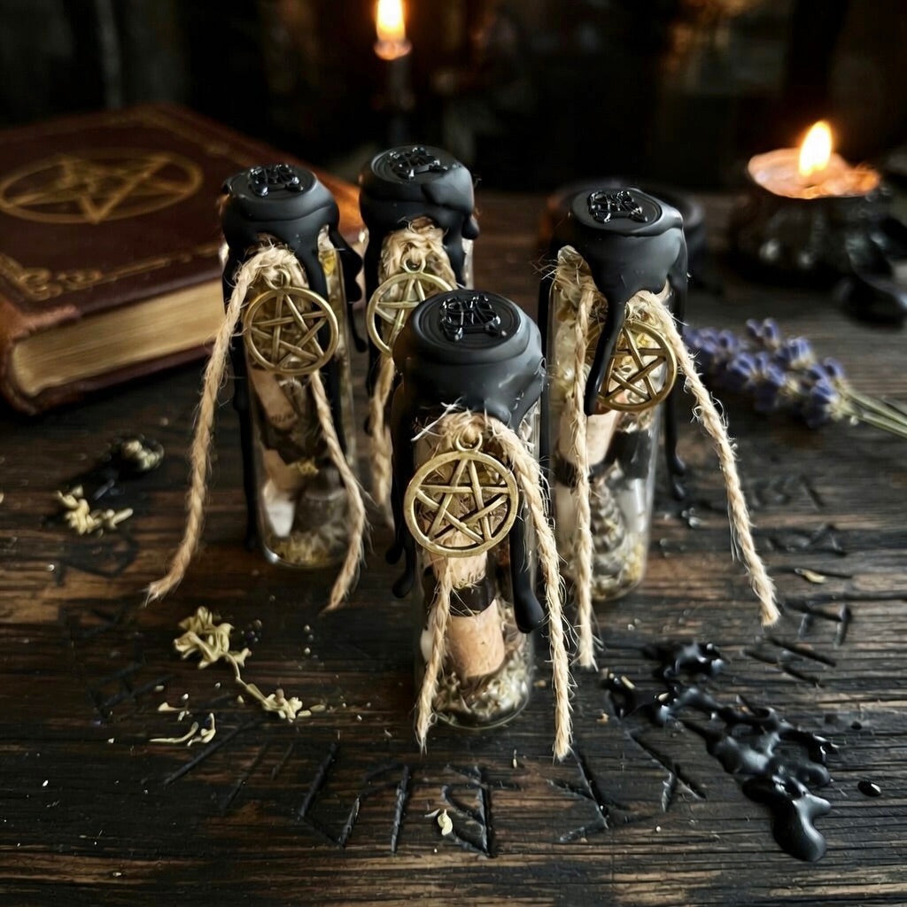 House blessing charm bottle, sealed with wax and a pentagram symbol, on a carved wooden surface with a book and candles in the background