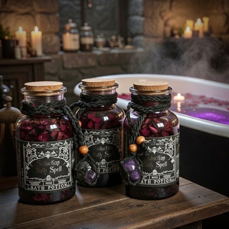 Three jars labeled 'Bath Potion' on a wooden surface with a bathtub and candles in the background.
