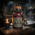 Seduction bath spell bottle with amethyst on a mystical background