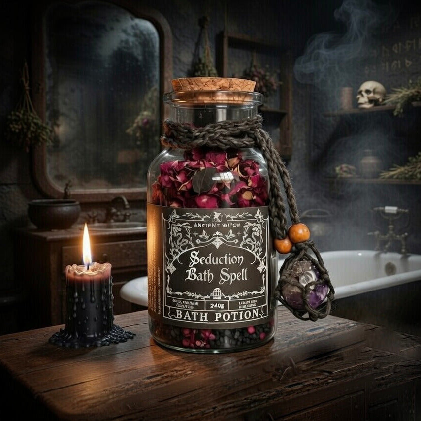 Seduction bath spell bottle with amethyst on a mystical background