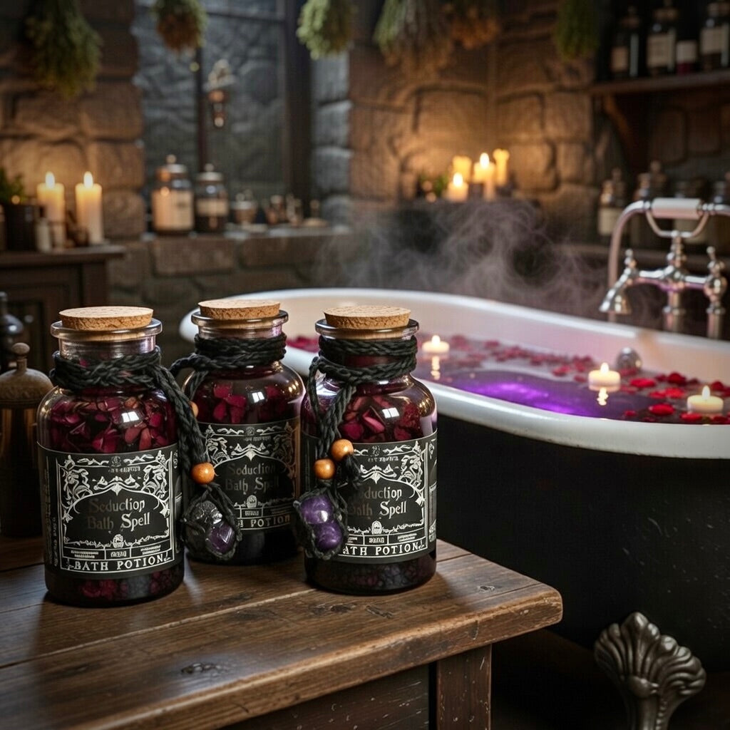 Three jars labeled 'Bath Potions' on a wooden surface with a steamy bathtub in the background.