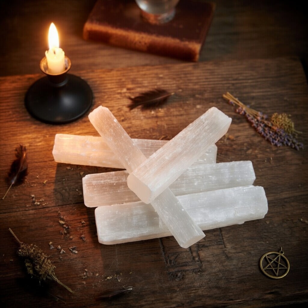 Selenite sticks on a wooden surface with a candle and dried herbs.