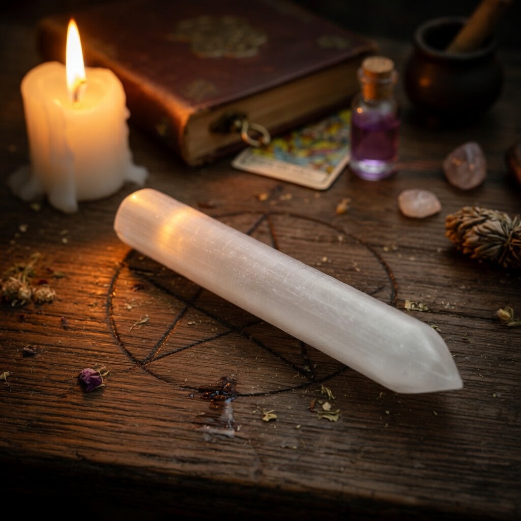 Selenite wand on an occult carved wooden surface with a candle, books, and other mystical items.