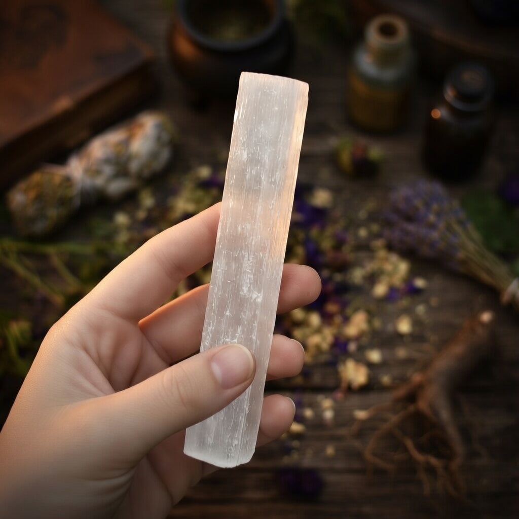 Hand holding a selenite crystal with a blurred natural setting
