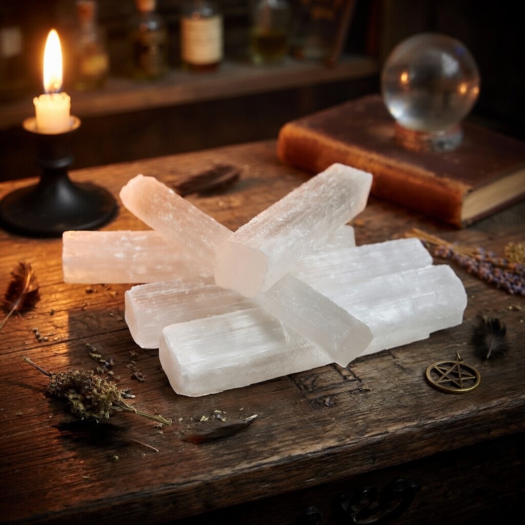 Selenite sticks on a wooden surface with occult candles and books in the background