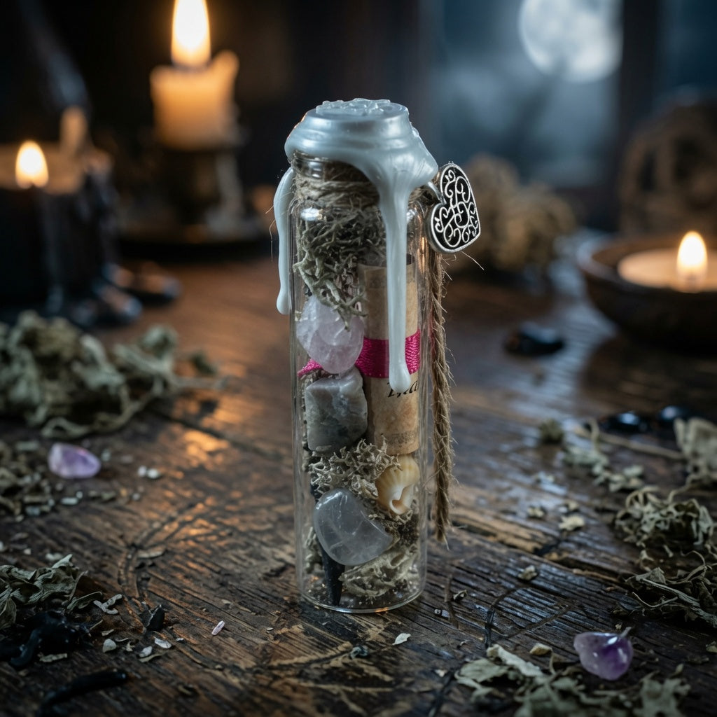 Self love witch charm bottle with heart charm, on a wooden surface with herbs, and lit candles