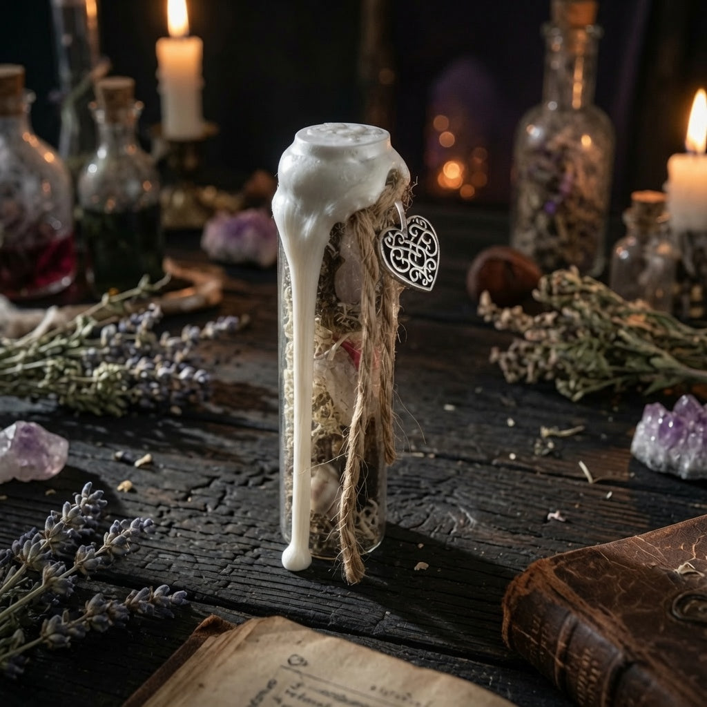 Self love charm bottle with herbs and a heart charm on a mystical table with candles and books.