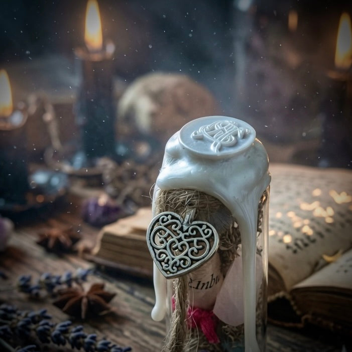 Self love witch charm bottle with  entwined MS wax seal. Herbs, books and  lit candles are in the background