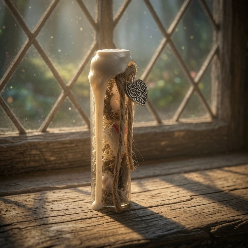 Self love witch charm bottle with wax seal, on a rustic wooden windowsill