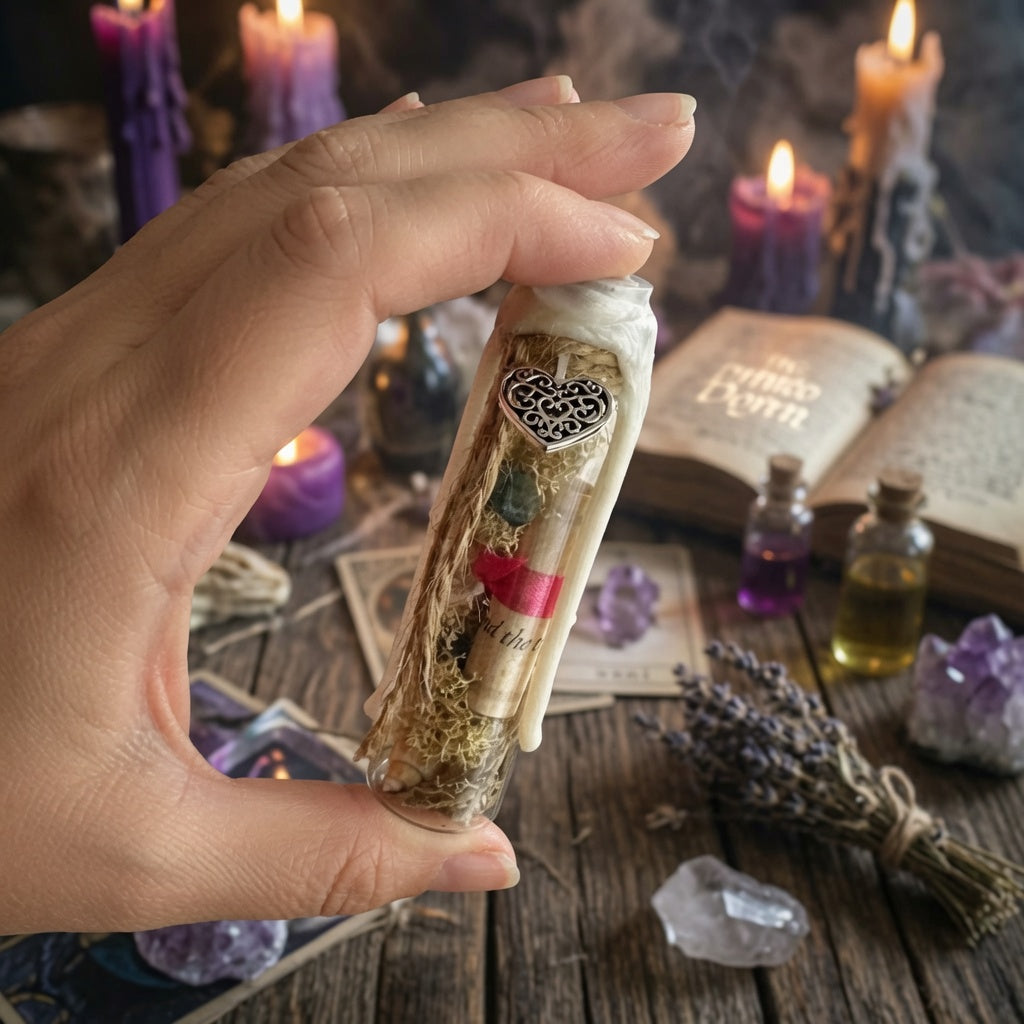 Hand holding a self love witch charm bottle, over a wooden surface with herbs, books and lit candles