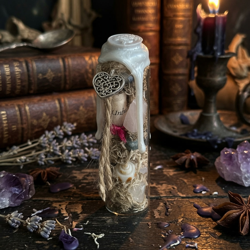 Self love witch charm bottle with heart charm, on a wooden surface with herbs, books and a lit candle
