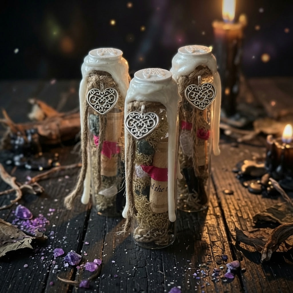 Three self love witch charm bottles with heart charm, on a wooden surface with herbs and lit candles