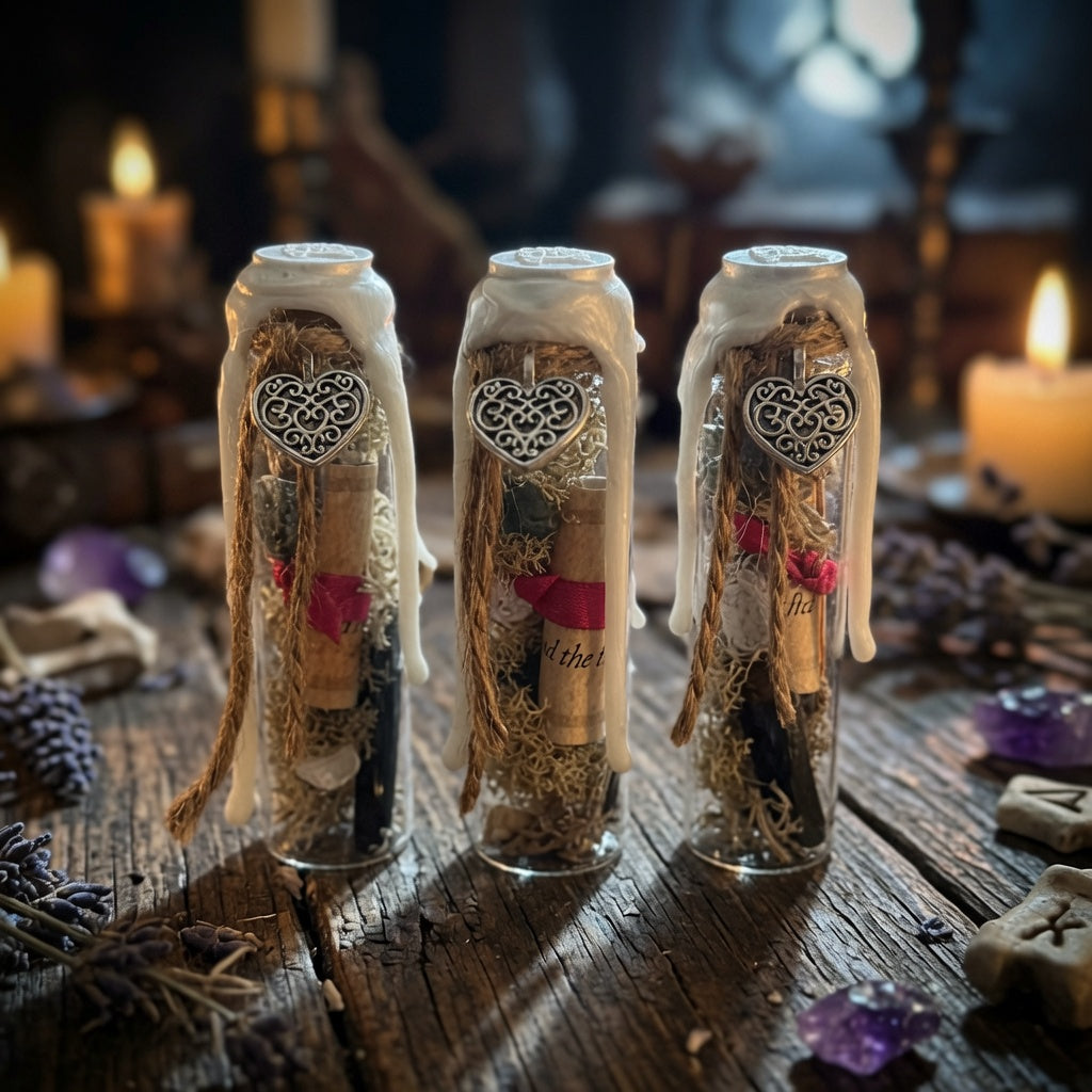 Three self love witch charm bottles with heart charm, on a wooden surface with herbs, books and lit candles